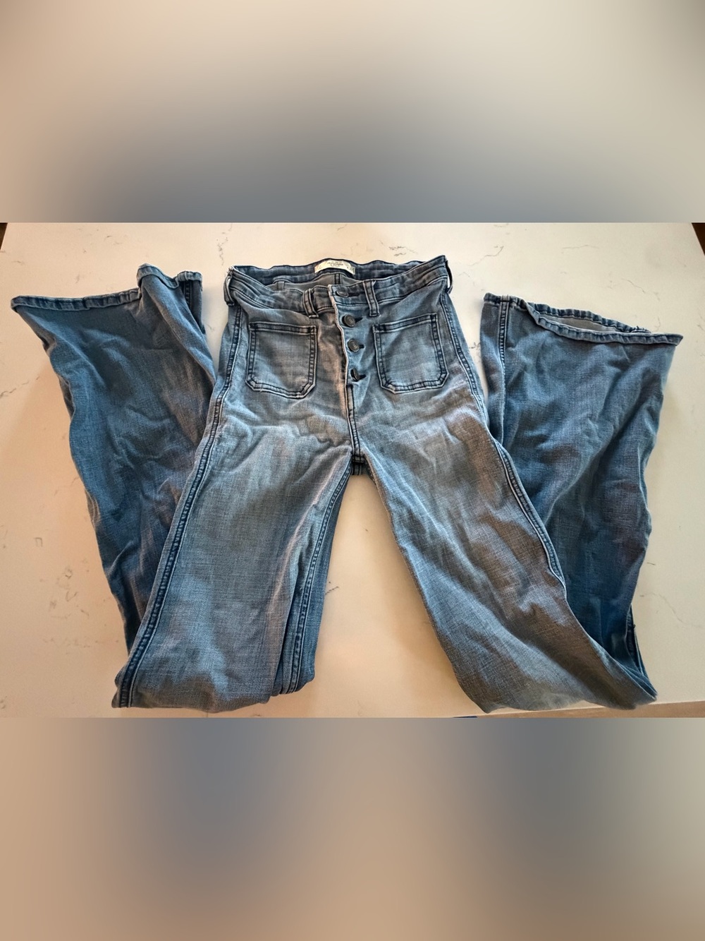Abercrombie & Fitch High-Rise Button-Fly Flare Jeans in Light Blue Wash